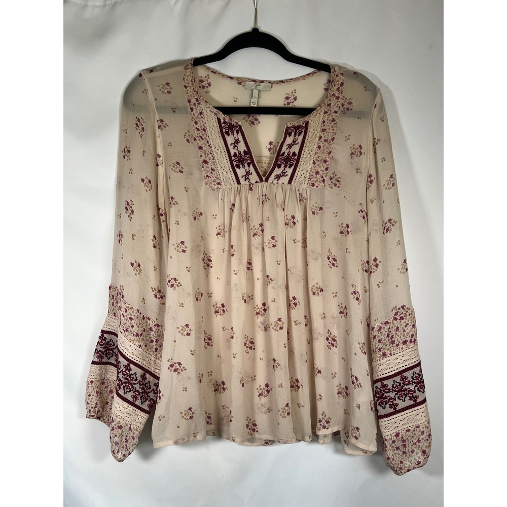 Joie Silk Floral Lace Trim Embroidered Blouse Cream Purple 9159-T5927 Size L